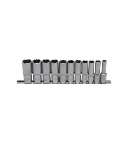 Steckschlüssel-Einsatz-Satz Zwölfkant, tief | Antrieb Innenvierkant 10 mm (3/8") | SW 8 - 19 mm | 11-tlg.