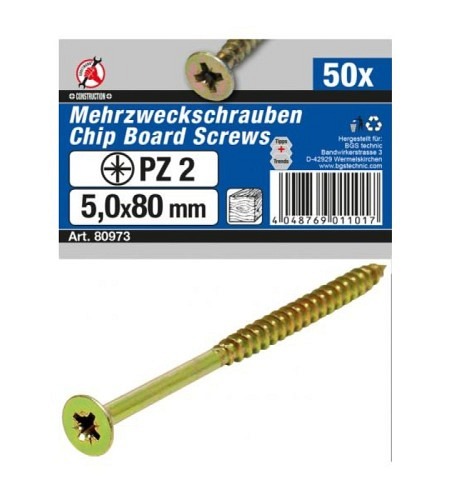 Mehrzweckschrauben | Kreuzschlitz PZ2 | 5,0 x 80 mm | 50 Stück